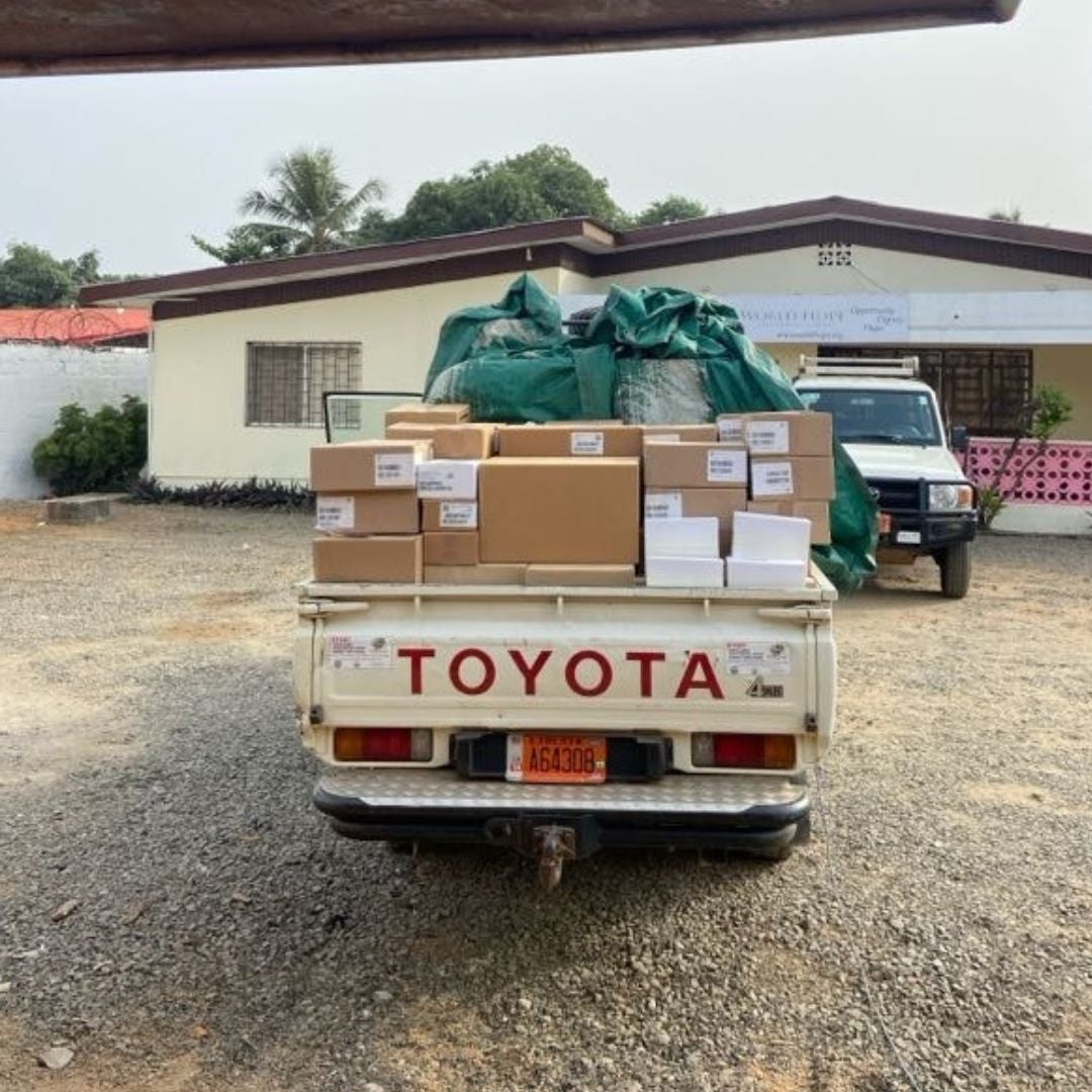 Toyota truck delivering medicine in rural Liberia